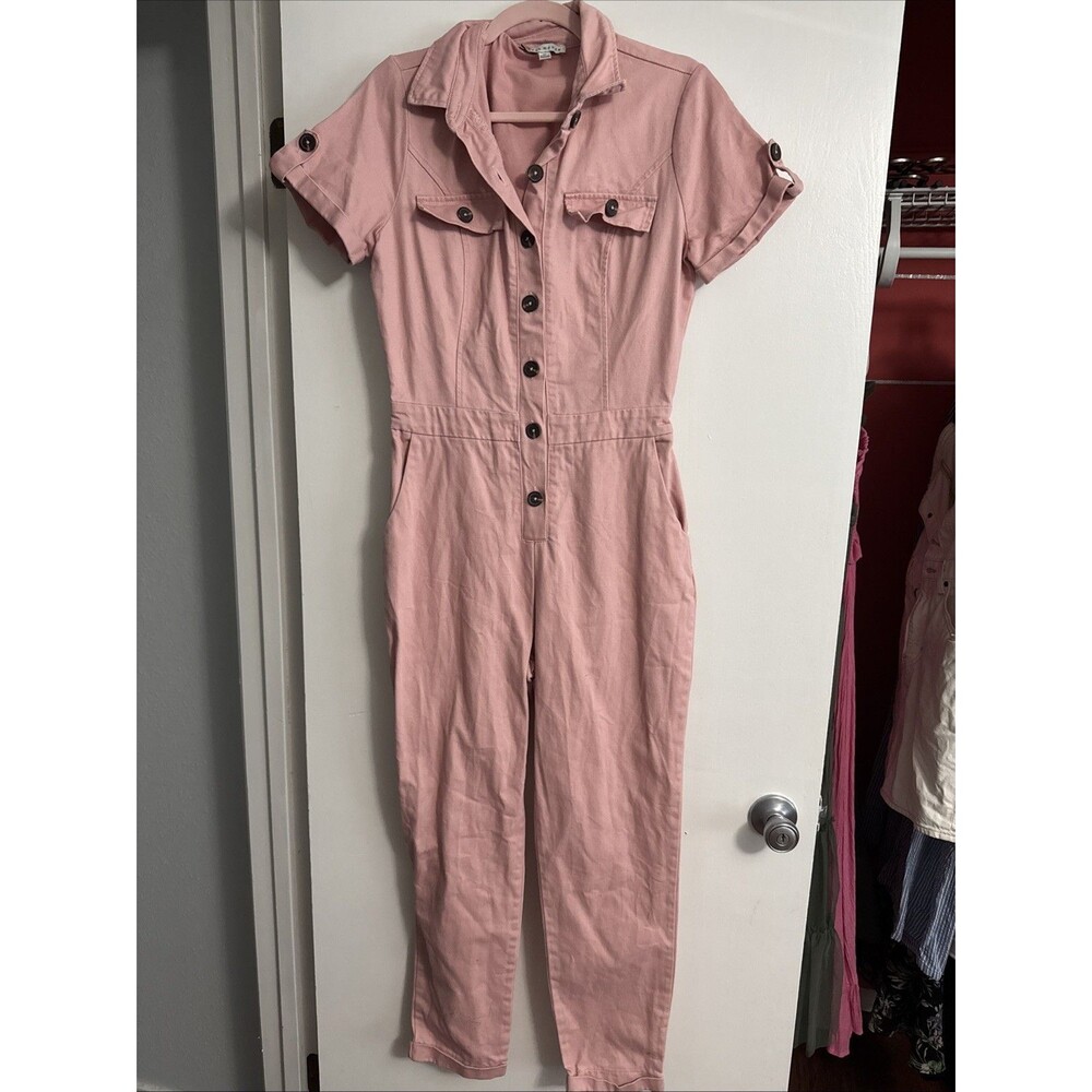 Haute Monde Jumpsuit Jumper Pink Salmon Womens Medium Denim Fabric Short Sleeve